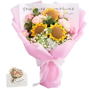 Mother’s Day Gift, YShomy Handmade Crochet Flower Bouquet with Sunflowers & Pink Roses Puffs, Graduation Gift, Birthday, Anniversary Gift for Her, Girlfriend, Grandma, Wife, Friend, Includes Card, Decorative Yarn Ornament