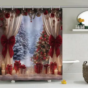 1pc Christmas Shower Curtain Snowy Winter Wonderland Scene with Pine Trees Red Ribbon and Christmas Tree Holiday Bathroom Decor Polyester Fabric Bath Hanging Curtain Set 66x72 Inch with Hooks