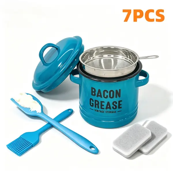 46oz Enamel Bacon Grease Container with Filter Strainer & Lid, 7-Piece Farmhouse Kitchen Oil Keeper Set with Food-Grade Silicone Spatula, Brush & Utensils, Reusable Cooking Fat Storage Dispenser for Home Use