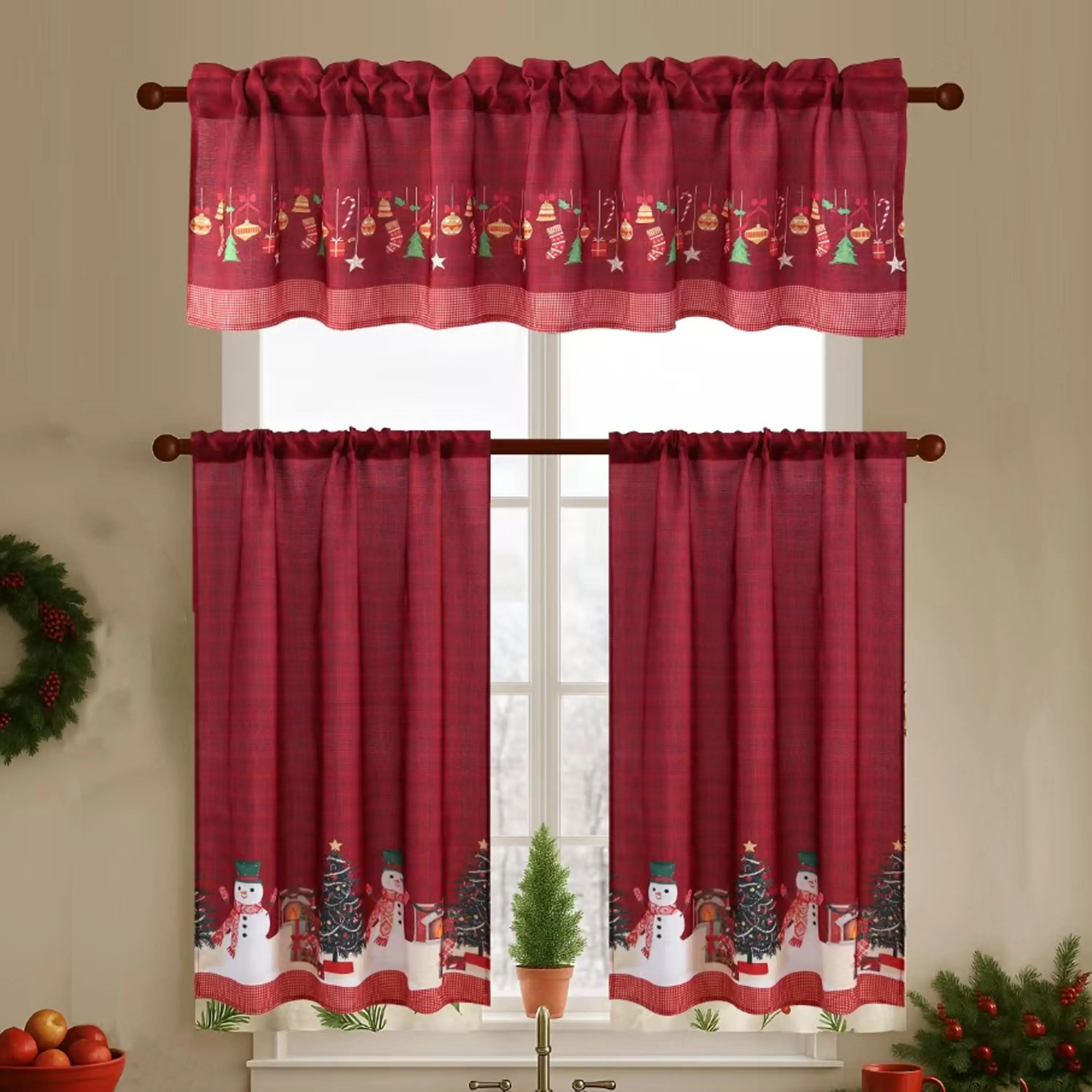 3pcs Christmas Rod Pocket Curtain Set - Plaid, Snowman, Reindeer Patterns, Flat Weave Dustproof Durable Polyester, Machine Washable, Wrinkle Resistant, Light-Filtering, Easy to Hang, Kitchen Drapes for Kitchen, Dining Room, Kitchen Accessories, Slide‑On P
