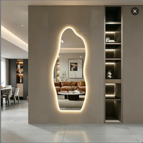 65" x 25" Irregular LED Full Length Mirror, Unique Shape Wall Mounted Full Body Mirror with 3 Color Lighting, Touch Control Dimmable Lighted Mirror for Bedroom, Closet and Modern Home Decor