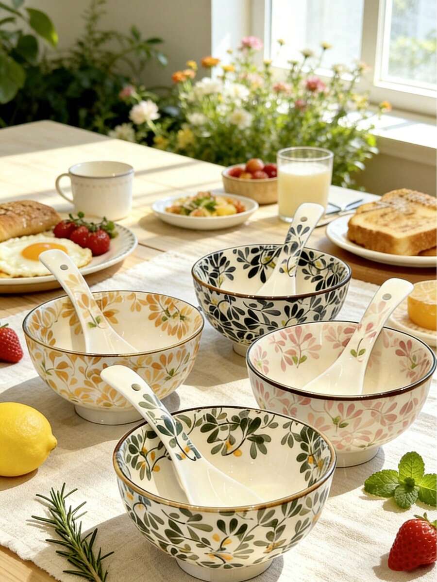Four-piece ceramic floral dinnerware set, Japanese-style kitchen bowls, decorative bowls for living room and kitchen, four-color dinnerware set, suitable for microwave, oven, refrigerator, and dishwasher(Spoon not included)