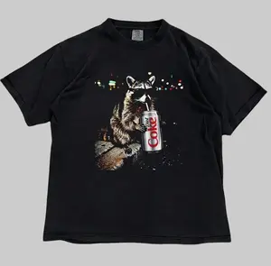 Women's Short-Sleeve Round Neck Casual Streetwear Graphic Tshirt - 3 Raccoons Diet Coke Funny Gen Z Dank Print, Garment-Dyed Heavyweight, Made in USA, Menswear Compatible