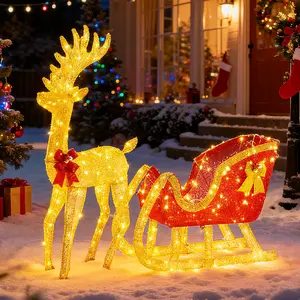 Lighted Christmas Reindeer & Sleigh Holiday Outdoor Yard Decoration Set ,3D LED Santa Claus Sleigh with Reindeer, Christmas Decoration Light