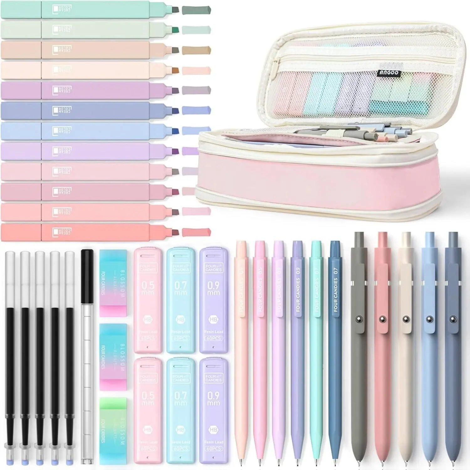 39 PCS Aesthetic School Supplies Set with Cute Pen Case, 12 Pastel Highlighters, 5 Black Ink Gel Pens, 6 Mechanical Pencils 0.5 & 0.7 mm, Pink Pencil Pouch, Office & School Essentials