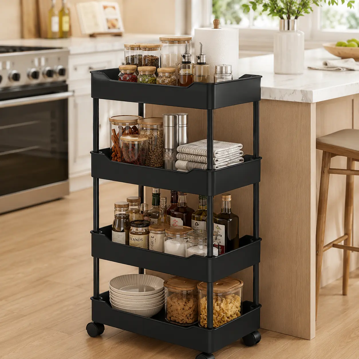 1pc 3/4-Tier Rolling Plastic Utility Storage Cart - Black & White Options, Mobile Organizer Trolley with Wheels, Space-Saving Shelving Rack for Kitchen, Bathroom Office Sundry Storage