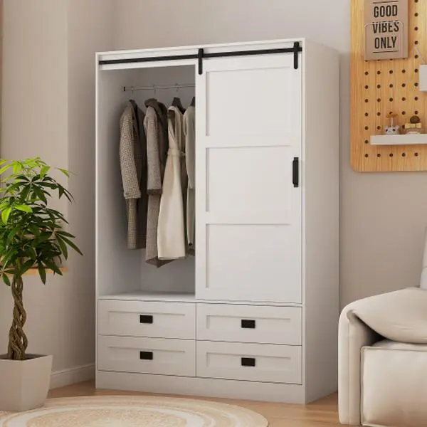 Bellemave Tall Wooden Bedroom Multi-Compartment Storage Wardrobe - Stand-Alone Glam Unit with Hanging Rods, Barn Door, Drawers, Open Shelves, Wardrobe Garment Rack, Modern Storage Cabinet, Assembly Required