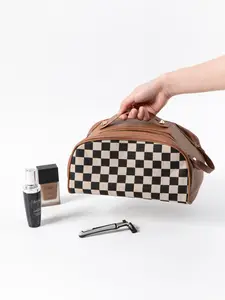 Large Checkerboard Makeup Bag, Cosmetic Bag, Makeup Storage Bag, Makeup Organizer, Travel Essential, Double Zipper, Roomy Design, Perfect for On-The-Go Beauty Needs, Durable and Stylish