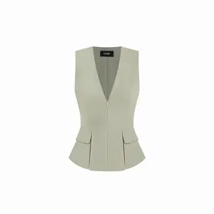 Cider V-neck Zipper Waist Blazer Vest With Pockets