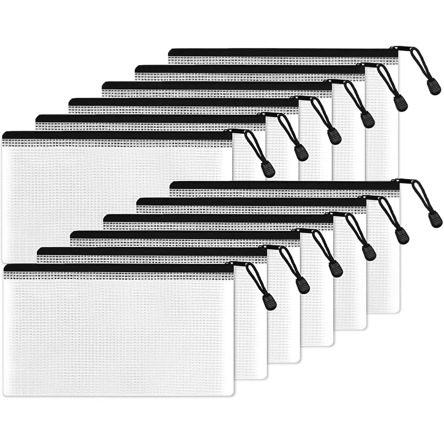Mesh Plastic Pouch, 4x9 in Black (12 Packs) - Small Size Water-Resistant Zip Bag, Home Organizer for School Office Supplies, Pencil Storage