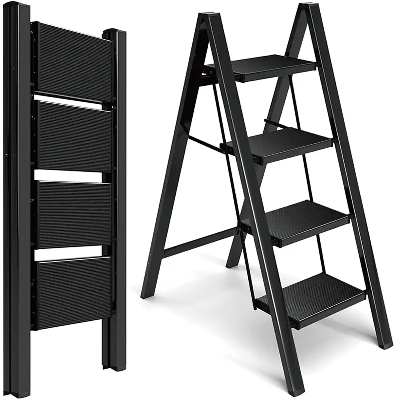 2/3/4-step folding ladder, wide anti-slip treads and rubber foot pads - Lightweight steel step stool, with a load capacity of 330 pounds, easy to store, foldable, suitable for kitchen, home and library use - black, sturdy structure