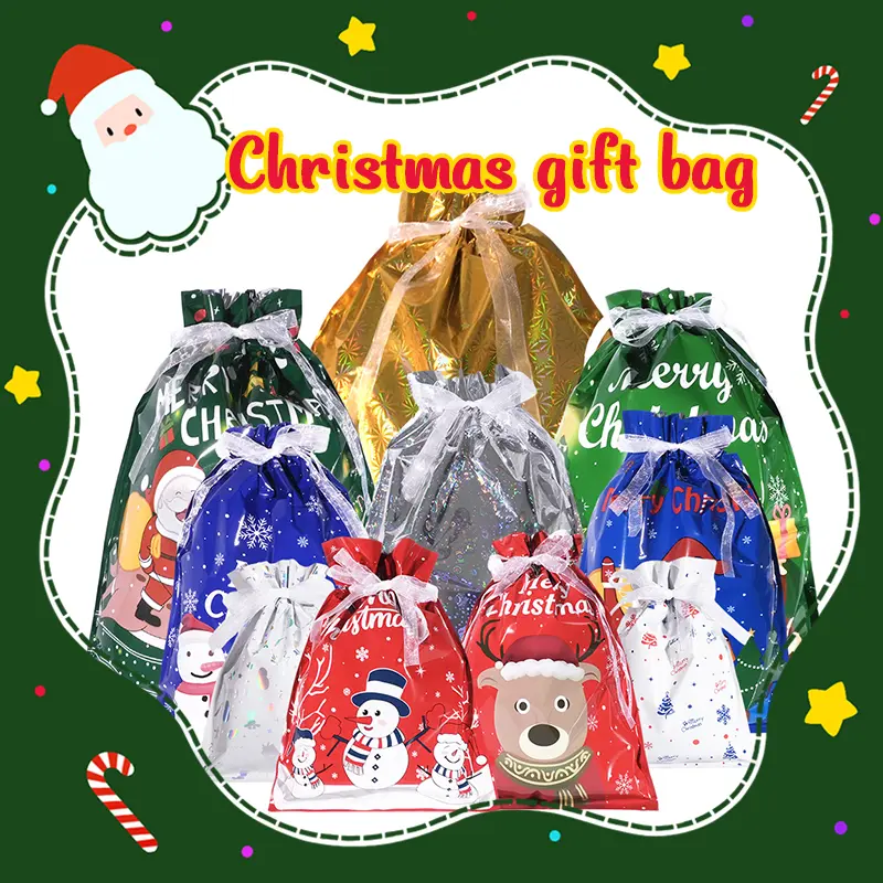 Christmas Gift Bags, 30 Gift Bags + 30 Gift Tags (30 PCS Set), Drawstring Gift Bags in 5 Sizes, Festive Holiday Wrapping Bags, Goodie Bags & Christmas Party Favor Bags for Kids, Santa & Snowflake Designs