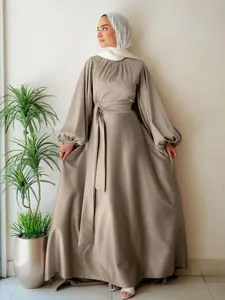 Elegant Satin Pearl Lantern Sleeve Abaya Dress, Belted Long Robe for Women, Perfect for Festivals & Special Occasions, Fitted Silhouette, Hijabi Cute Dresses, Arab Women, Modest Muslim Outfits