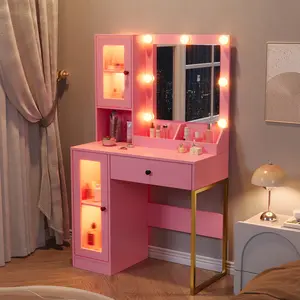 Makeup Vanity Desk with Mirror & Adjustable LED Lights Modern Vanity Table with Open Shelves Acrylic-Door Cabinets Built-in Power Outlets Stylish Dressing Table for Bedroom