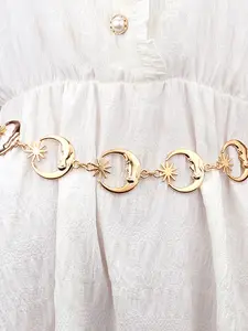 Chain Belt, Decorative Belt, Metal Moon Chain Belt for Women Gold Waist Chains Metal Plus Size Belts Ellipse no Tarnish Belly Belts for Women Star Decorated Belt Dress Party Club Music Festival Accessories