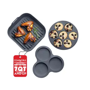 Gourmia 3-Piece Silicone Air Fryer Accessory Set Compatible with 7QT & 8QT Models Includes Grill Pan Cookie Sheet & 3-Cavity Mold BPA-Free Nonstick Heat Resistant Up to 445°F Dishwasher Safe
