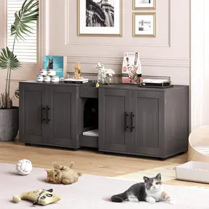Garvee 55" Cat Litter Box Enclosure with Double Room for 2 Cats, Modern Wooden Furniture with Hidden Litter Box, Cat Scratch Pad, Barn Door, Available in Walnut and White, 55"L x 17.7"W x 22.5"H
