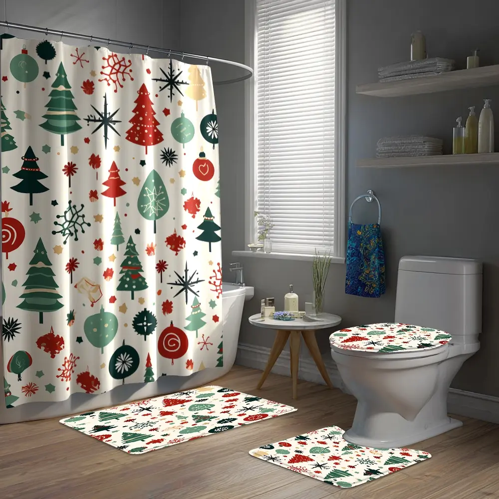 Christmas Tree Gift Gingerbread Man Print Shower Curtain Set, Includes Hooks, Bath Mat, U-Shaped Rug, Toilet Seat Cover, Home Bathroom Decor