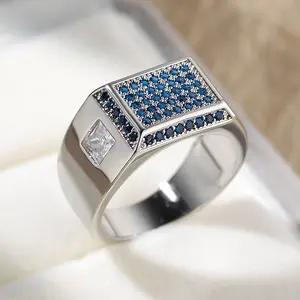 Unisex Elegant Silvery Artificial Blue Zircon Ring - Rectangular Geometric Simple Shape, Business & Daily Wear Costume Jewelry, Ideal for Engagements, Artificial Zircon Rings