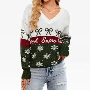 Christmas Sweater for Women Snowflakes Jacquard Color Block V Neck Sweater for Layering Style Outfits Winter Cozy Sweater, Green - XL