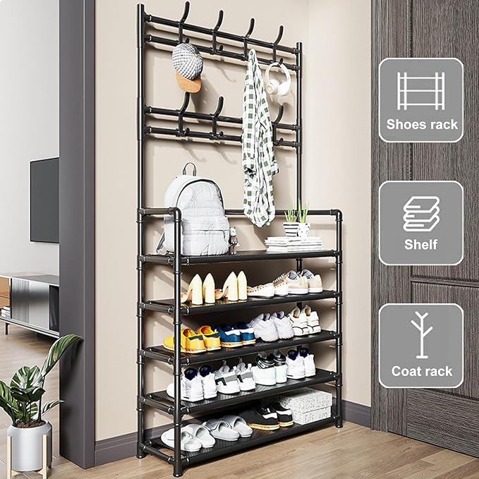 5-Layer Shoe and Coat Rack Stand, Coat Rack Shoe Bench With 8 Hooks,Metal Coat Hat Rack Free Standing Clothes Stand, Easy Assembly Organiser Multicolor 5-Layer Shoe and Coat Rack Stand, Coat Rack Shoe Bench With 8 Hooks,Metal Coat Hat Rack Free Standing Clothes Stand, Easy Assembly Organiser Multicolor