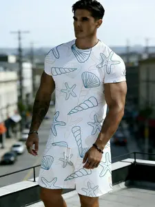 Summer Collection Men's 2-Piece Shorts & T-Shirt Set, 3D All-Over Print Seashell, Starfish & Conch Pattern, Loose Fit Breathable Casual Sports, Stylish Versatile Short Sleeve T-Shirt & Summer Fabric Crew Neck Shorts
