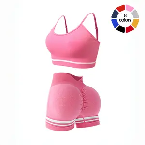 TCVC Y2K Pink Seamless Gym Set - Striped High Waist Biker Shorts & Adjustable Cami Top, Casual Summer Activewear