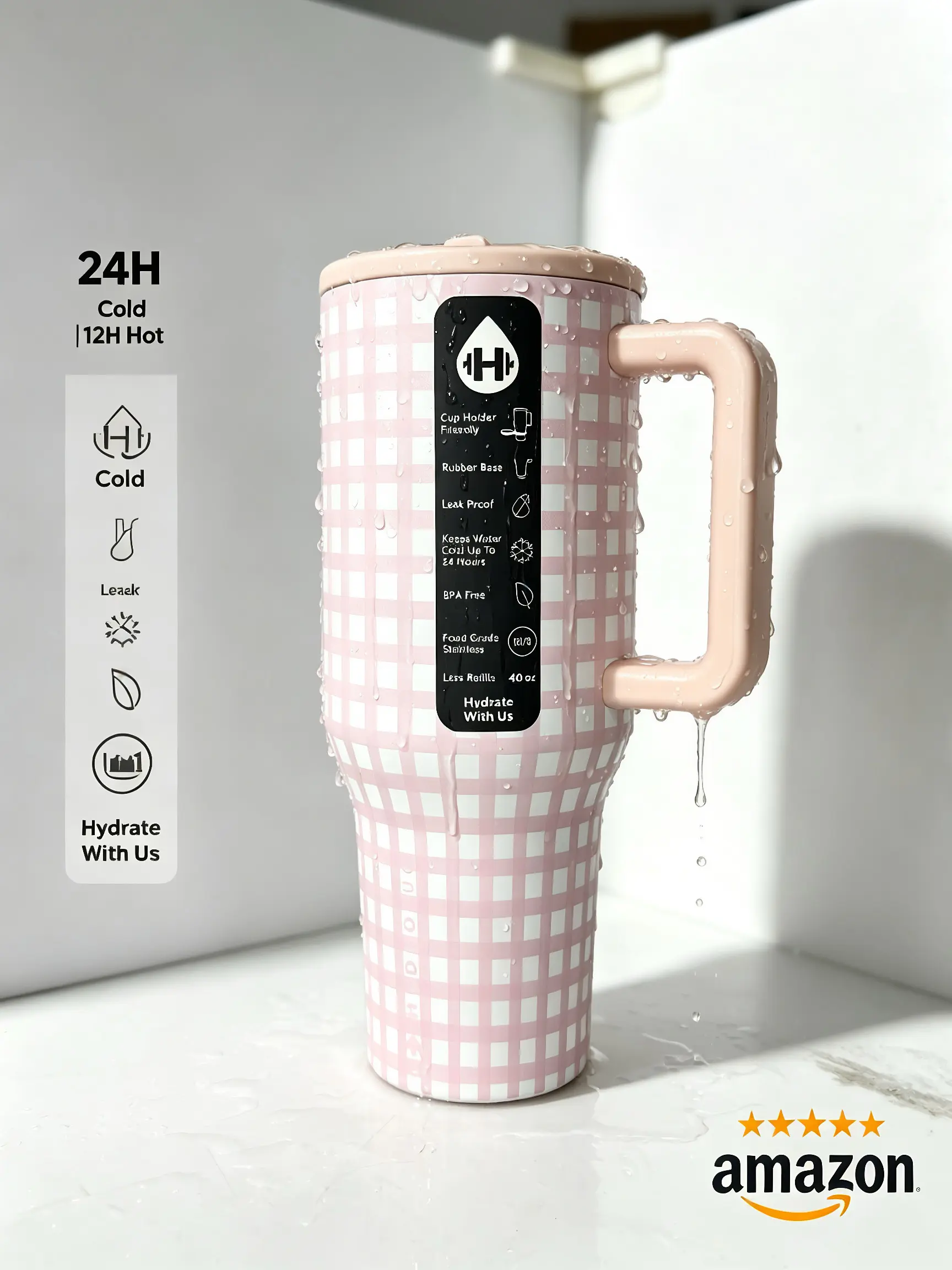 HydroJug Classic Pink Gingham 40oz Insulated Water Bottle - Stylish, Portable Flask with Ergonomic Handle, Sweat-Proof Rubber Bottom, Leak-Resistant for Car, Outdoor Use (Bookish La Bow Blank Louise Belcher Design)