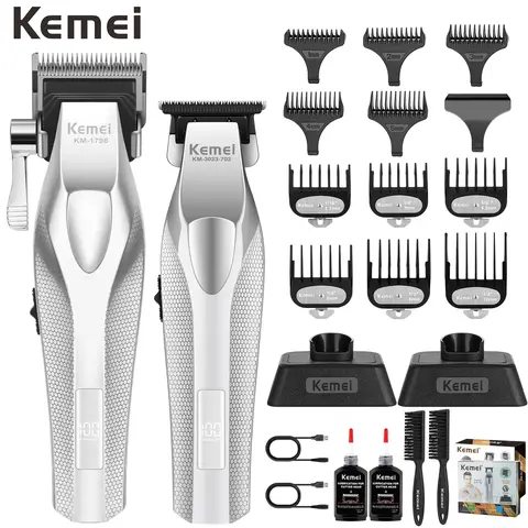 KEMEI KM-1798 & KM-3023-702 Professional Men's Grooming Kit, Cordless USB Rechargeable Hair Clipper & Beard Trimmer with LED Display, Ceramic & DLC Blades, Barber Equipment for Haircuts, Valentine's Day Gift for Boyfriends (Includes Cleaning Brushes),tech