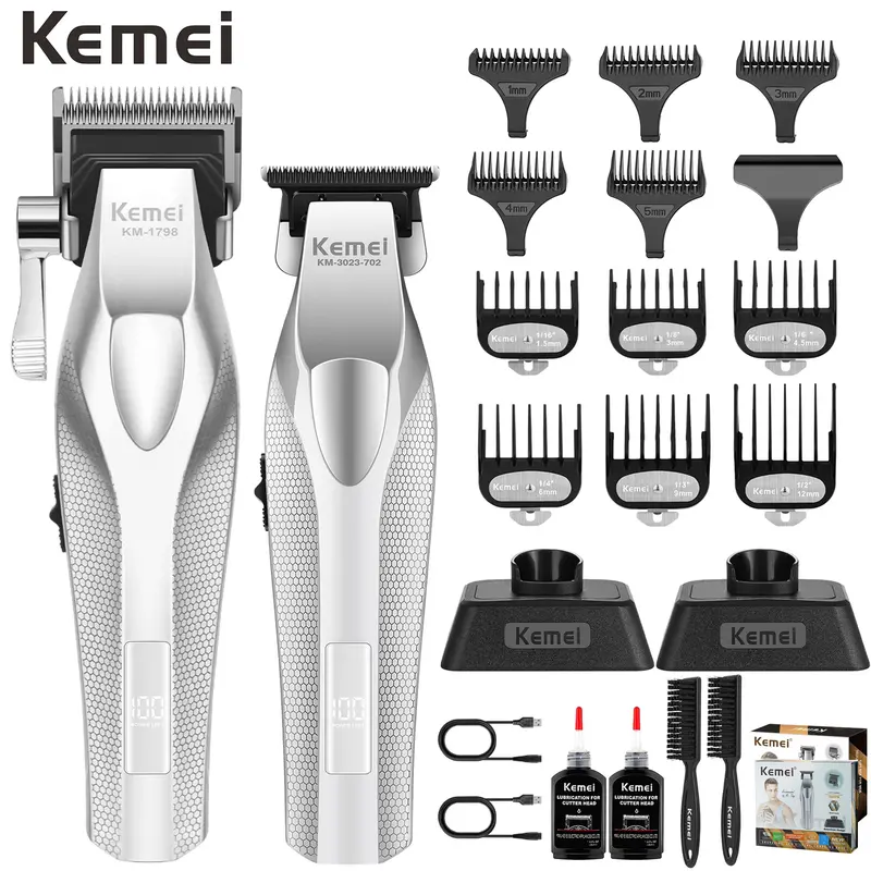 KEMEI KM-1798 & KM-3023-702 Professional Men's Grooming Kit, Cordless USB Rechargeable Hair Clipper & Beard Trimmer with LED Display, Ceramic & DLC Blades, Barber Equipment for Haircuts, Valentine's Day Gift for Boyfriends (Includes Cleaning Brushes),tech