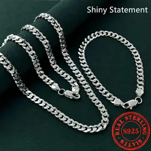 925 Sterling Silver-plated7mm SidewaysMen's women Chain Necklace Bracelet SetJewelry Gift -22IN/24IN