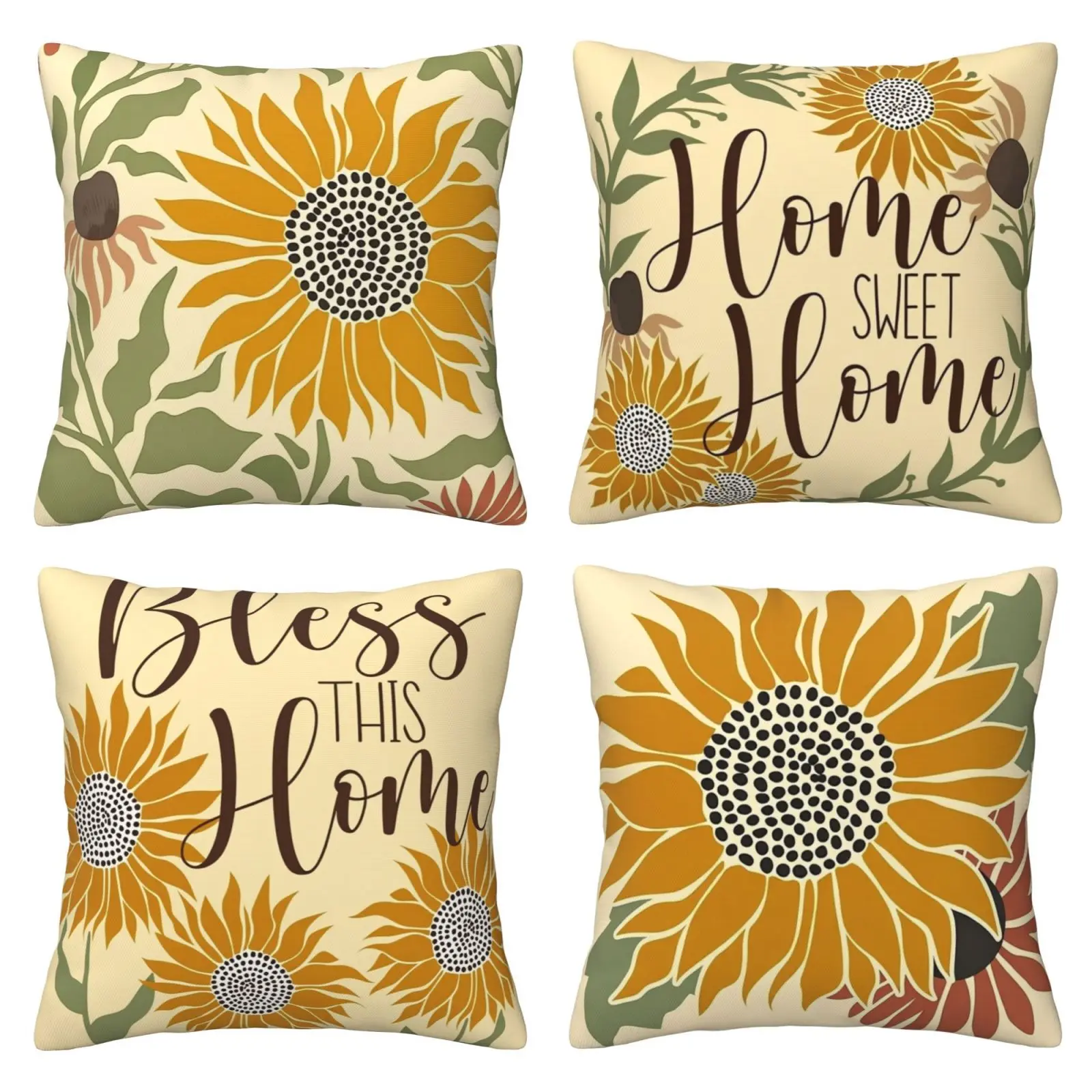 Spring and summer sunflower decoration pillow cover, yellow flower wreath "Blessing Warm Home" porch outdoor decoration, bedroom decorative accessories, retro autumn farmhouse sofa cushion cover, 4-piece set double-sided printing
