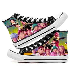 K‑pop cartoon/anime print “Huntress” girl group high‑top flat sneakers — non‑slip training shoes for students, outdoor sports, and teens; canvas shoes in Y2K fashion, stylish and versatile, suitable for all seasons
