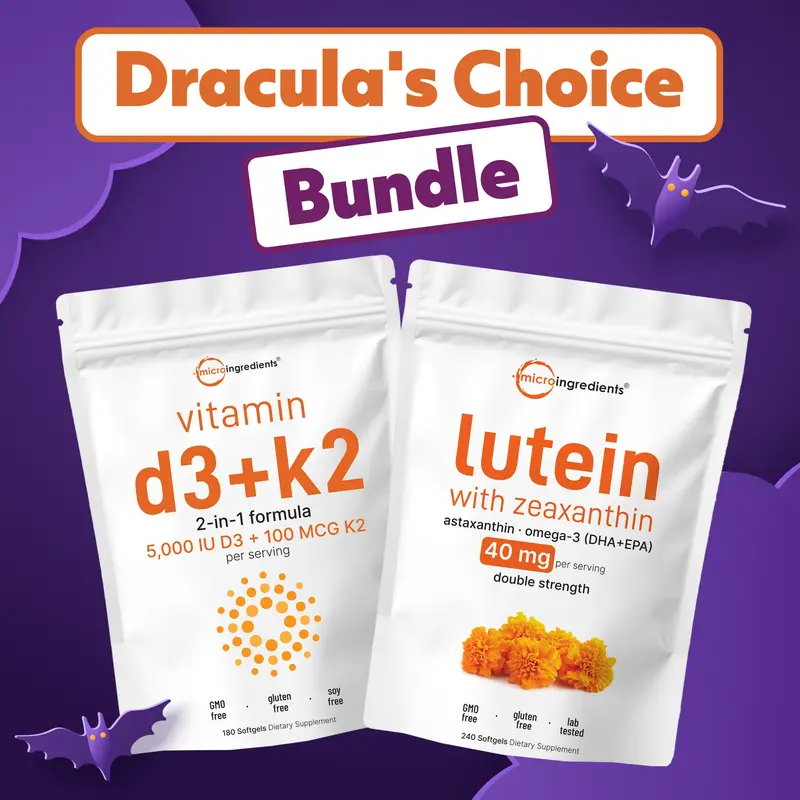 Micro Ingredients Dracula's Choice: Vitamin D3K2 5,000IU 180 Softgels & Lutein with Zeaxanthin 240 Softgels
