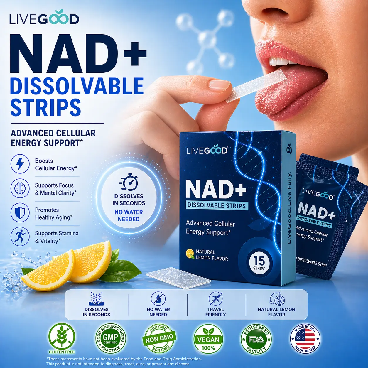 LiveGood Organic NAD+ Rapid Dissolvable Oral Strips - Natural Lemon-Mint Flavor Advanced Supplements, Portable Cellular Energy Aid, Absorbable Brain Nutrition, Healthy Aging & Metabolism Support, Gluten-Free, Dairy-Free