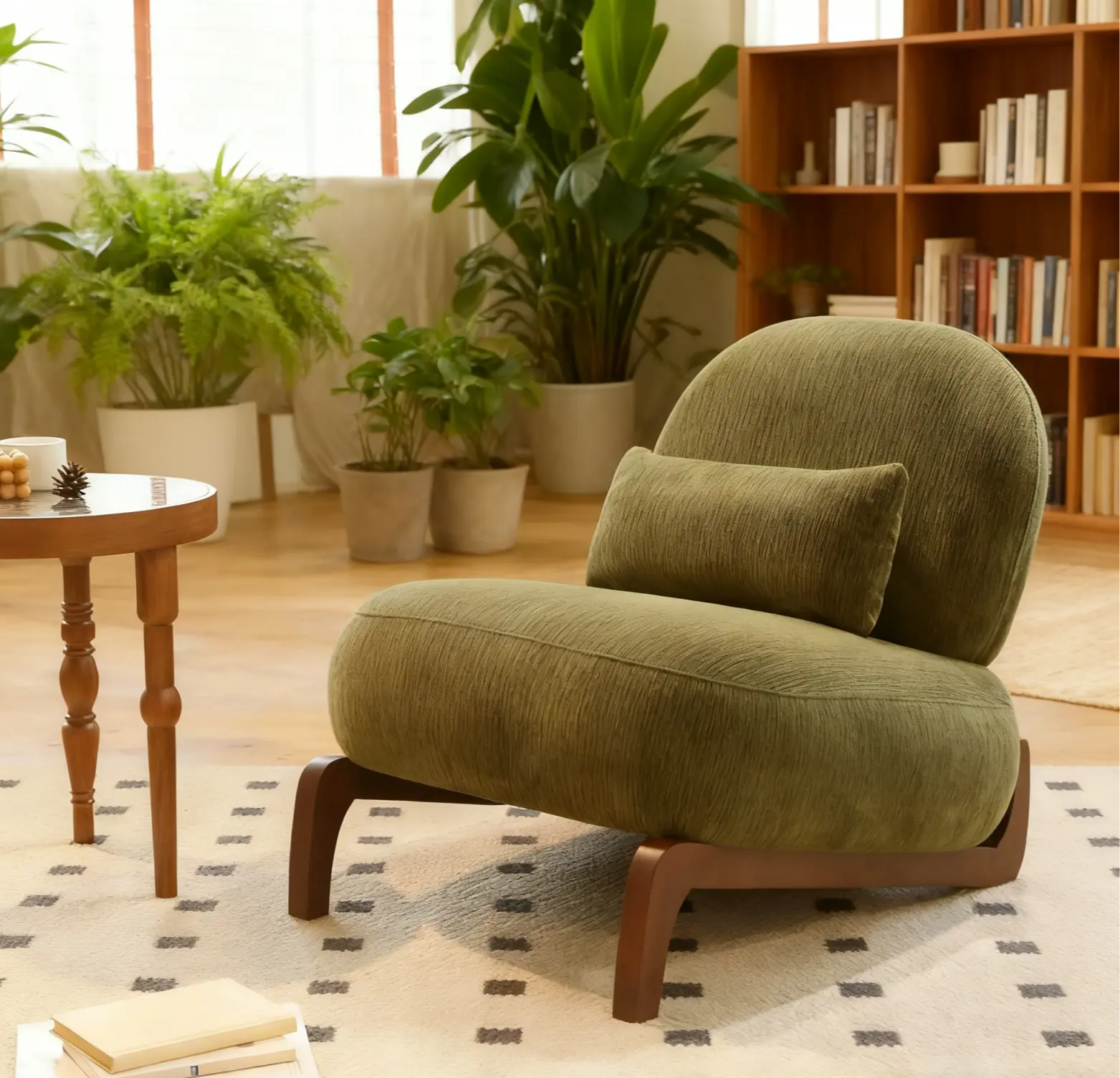 Armless Accent Chair with Solid Wood Legs, Soft Upholstered Cushion and Curved Back, 34.2-Inch Living Room or Bedroom Reading Chair, Green or White Soft Fabric Recliner