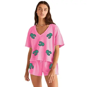 Women's Bonbon Sequin Turquoise Patched V Neck Tee & Drawstring Shorts 2-Piece Outfit