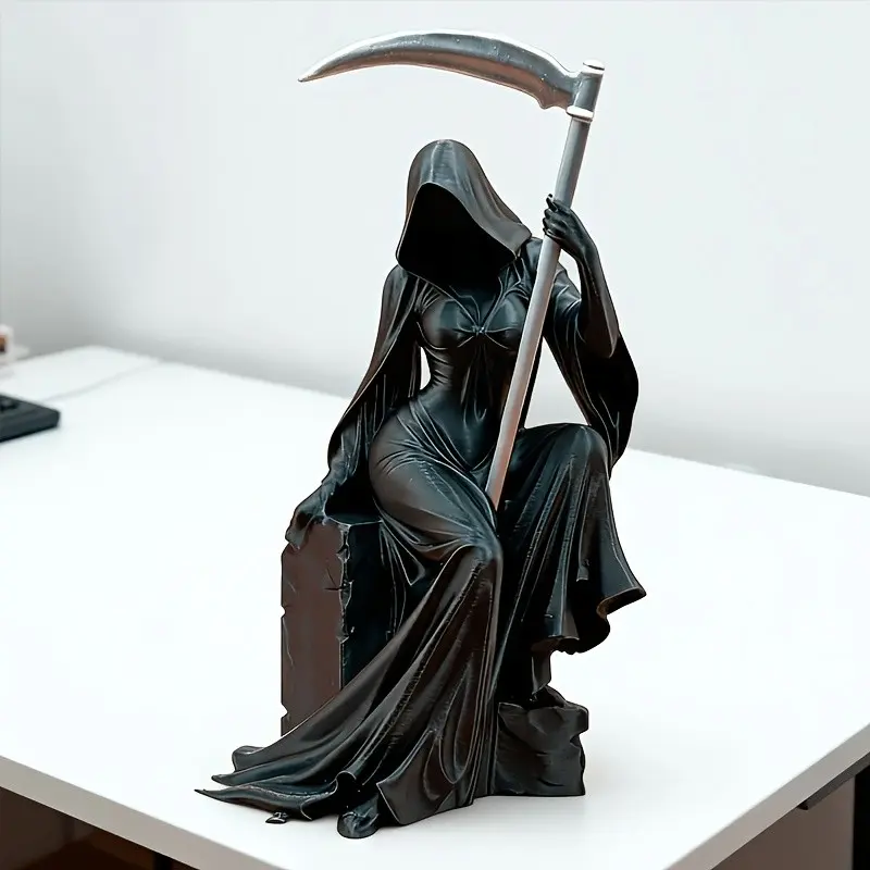 Dark Gothic Decorative Sculpture, Dark Figure Decor, Female Reaper Holding Scythe, Mystical Art Piece for Desktop Display, Unique Dark Atmosphere Ornament, Decoration Figure