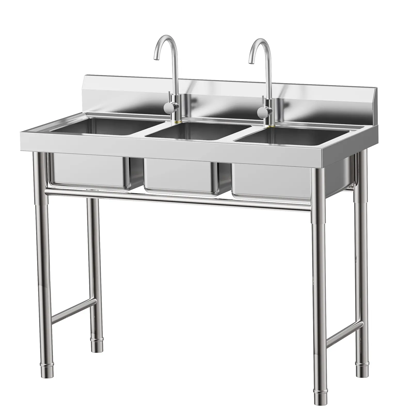 304 Stainless Steel 3-Bowl Freestanding Commercial Workstation Sink Set - 13-15L Per Bowl, 200kg Load, Anti-Scratch Sink Unit Station for Restaurant, Snack Bar Kitchen, Stainless Steel Sink
