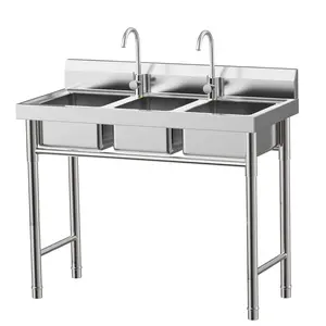 304 Stainless Steel 3-Bowl Commercial Sink Unit Station - 13-15L Per Bowl, 200kg Load, Freestanding, Anti-Scratch Combo for Kitchen, Snack Bar, Stainless Steel Sink