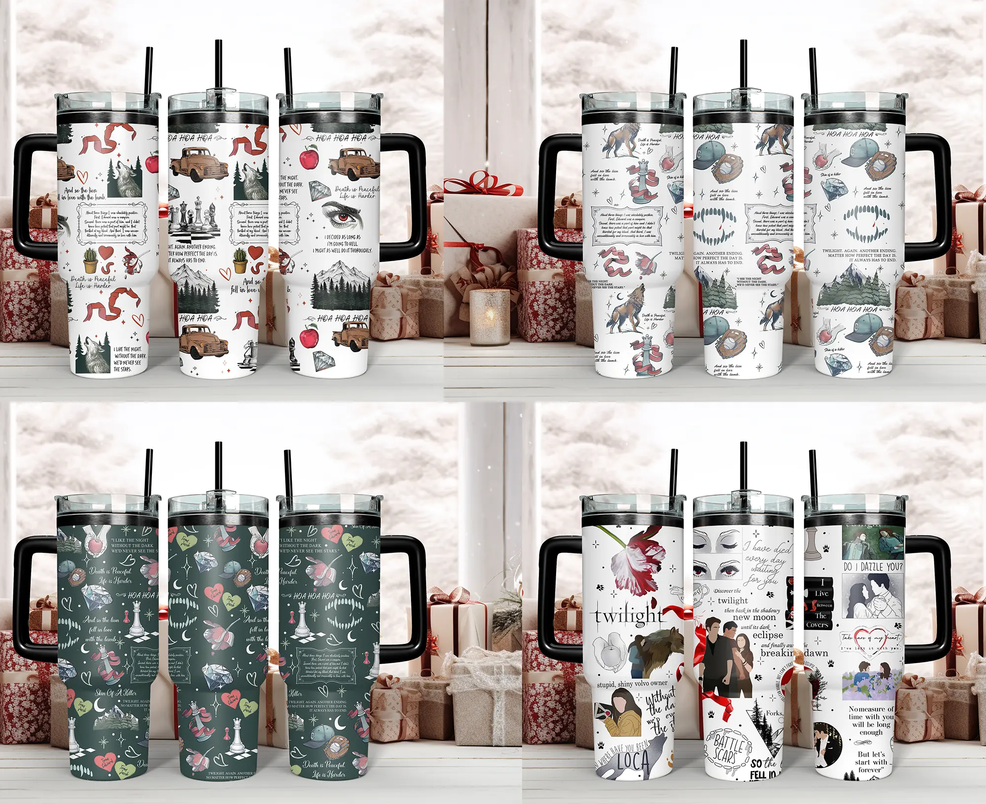 Twilight Book Series 40oz Tumbler with Handle | Team Edward & Team Jacob Fan Gift | Forks Washington Vampire Aesthetic Travel Mug | 'So the Lion Fell in Love with the Lamb' Quote Insulated Cup