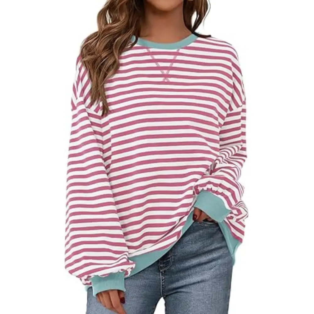 PRETTYGARDEN Womens Striped Oversized Sweatshirt Color Block Crew Neck Long Sleeve Casual Loose Pullover Top Y2K Clothes