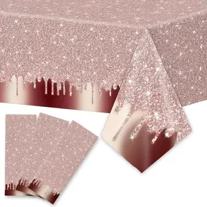 3pcs Pink Rose Gold Birthday Party Tablecloths Rose Gold Sequin Printed Plastic Table Cover Glitter Diamonds Happy Birthday Background for Girl Wedding Graduation Anniversary Indoor Outdoor（Plastic）