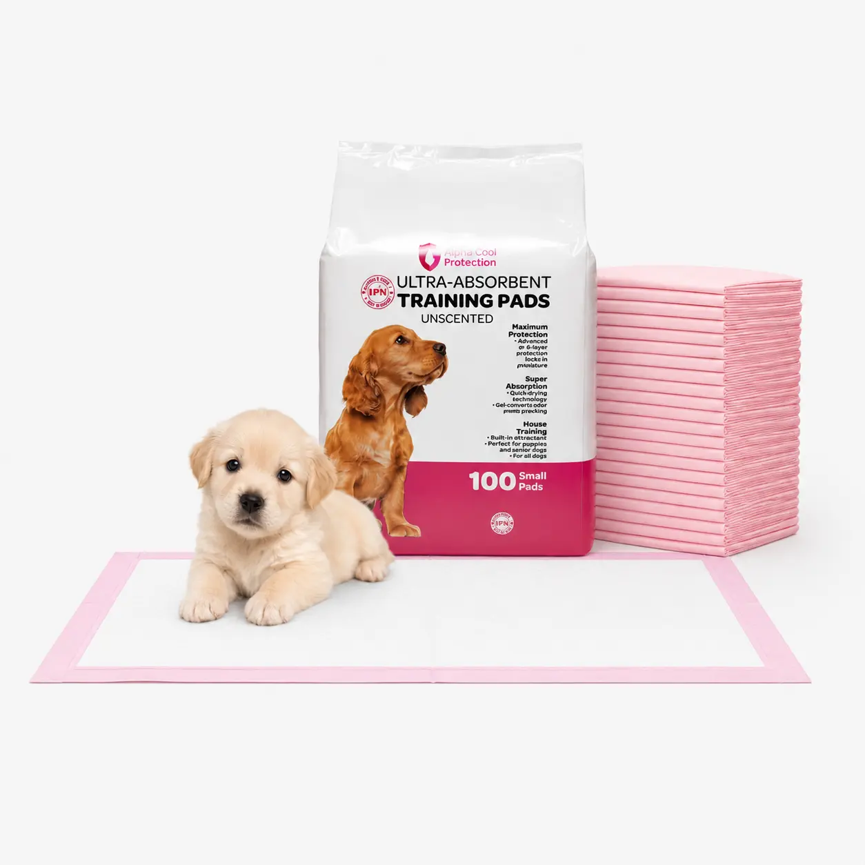 FPN Pink Disposable Puppy Training Pads - 5-Layer, Odor-Control, Super Absorbent, Leak-Proof Pet Supplies with Universal Fit, Larger Extended Coverage, Simplifies Easy Cleanup for Indoor Dogs