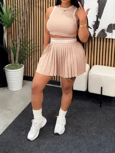 Women's Sleeveless Short Vest & Pleated Skirt Outfit, Matching Clothing Set, Crop Top, Fit, Casual Fashion, H3089 European Style, Summer Wear, Perfect for Daily Use