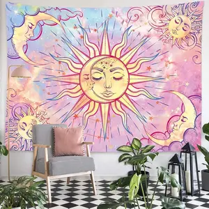 Tapestry  Pastel Pink Burning Sun Tapestry - Mystic Celestial Sun and Moon with Stars - Psychedelic Hippy Tie Dye Wall Hanging for Party Home Decor. Multiple sizes are available for selection.