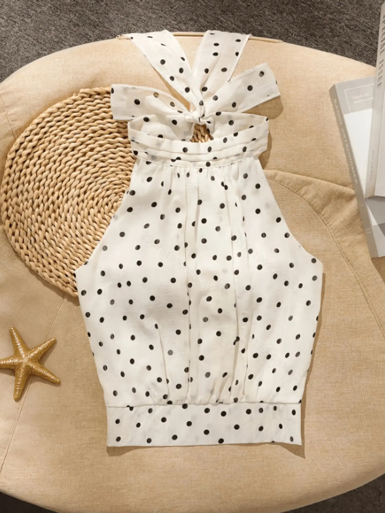 Women's Summer New French Elegant Chic Fashion Commute Polka Dot Chiffon Sleeveless Halter Short Shirt Top, Stylish Office Wear, Halter Neck Tops