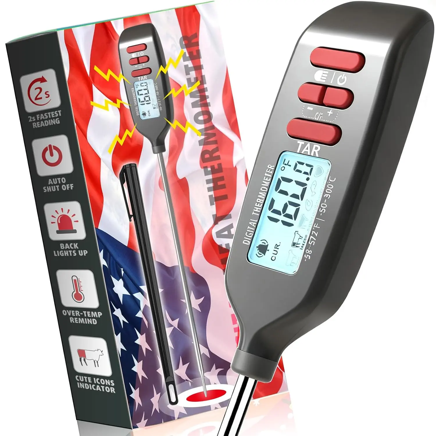 Meat  Digital,   Read   with Super Long Probe for Cooking Grilling Baking Kitchen Candy BBQ Oil Liquid, Backlit Display,  Included