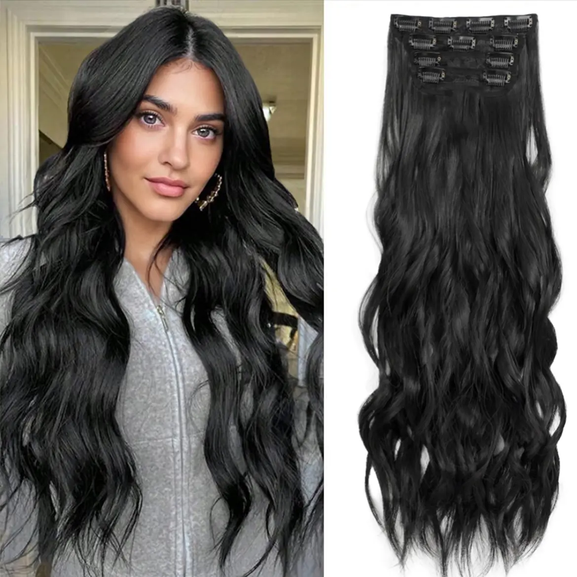 Women's Wireless Wearable Synthetic Curly Hair Extensions - 4-Piece Set with Size 4 Safety Clips, 16/20/24in Heat-Resistant Invisible Thread Crimped Synthetic Soft Hairpieces, Black, 180°C Tolerance, for School, Casual, Dressy, Natural Straight Looks