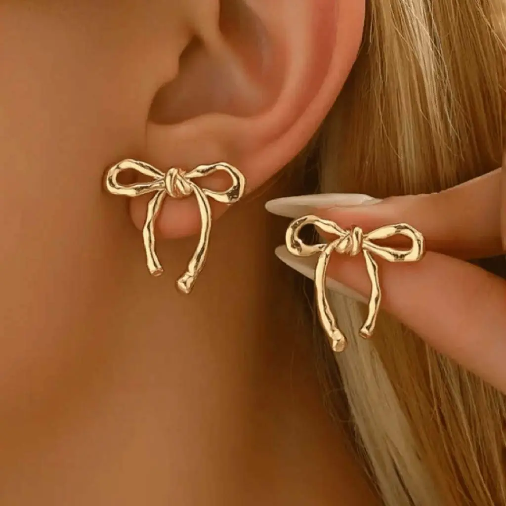 Golden bow earrings, glossy earrings for pierced ears, daily wear gifts for women Golden bow earrings, glossy earrings for pierced ears, daily wear gifts for women